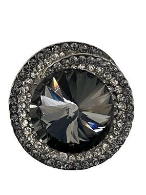 Vintage Rhinestone Brooch Large Gray Crystal Statement Round Silver Tone